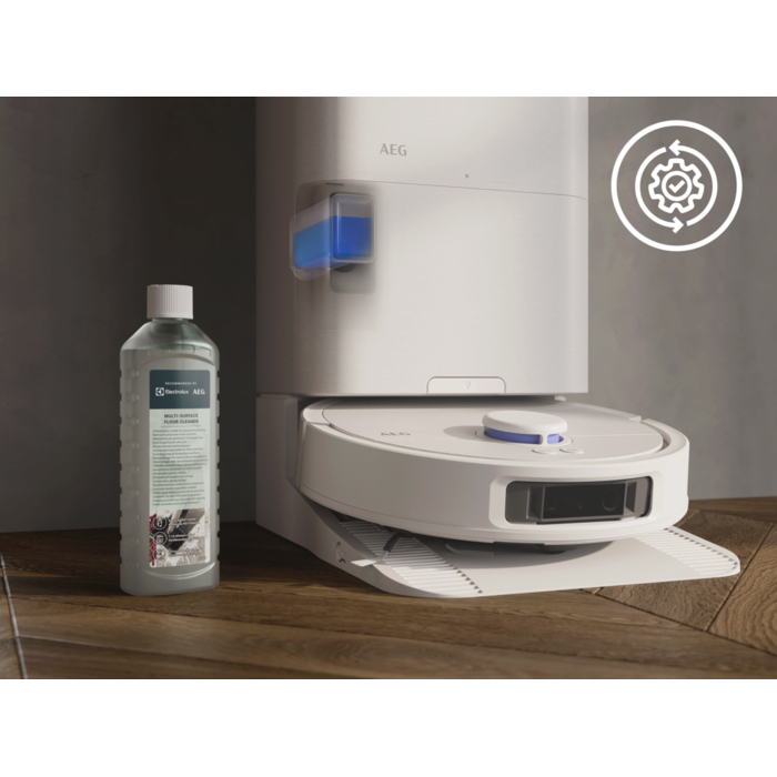 Automatically dispensed detergent removes dirt and odours from the mops