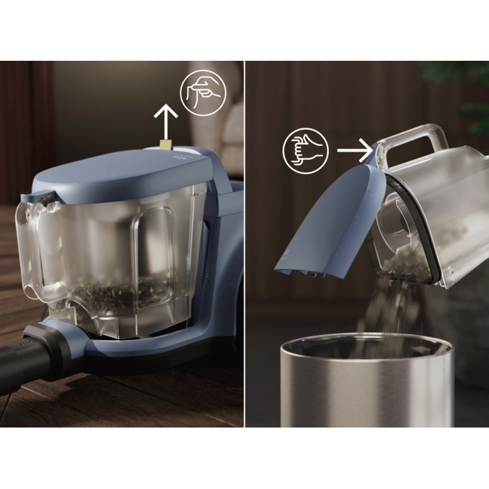 Vacuum cleaner with 2L dustbin designed for easy, spill-free emptying.